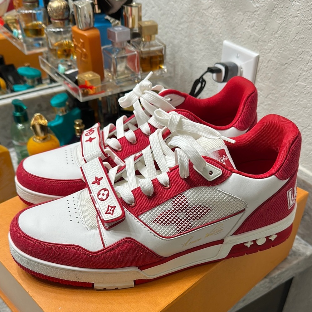 Louis Vuitton Red and White Sneakers with Striking Design
